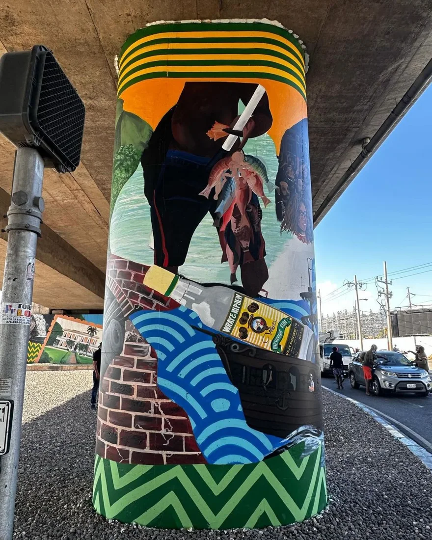 Painted mural on a street column